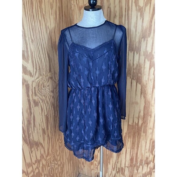 Tularosa Dark Blue Eyelet Womens  Dress Size Small Sheer Top Long Sleeve - Picture 1 of 9